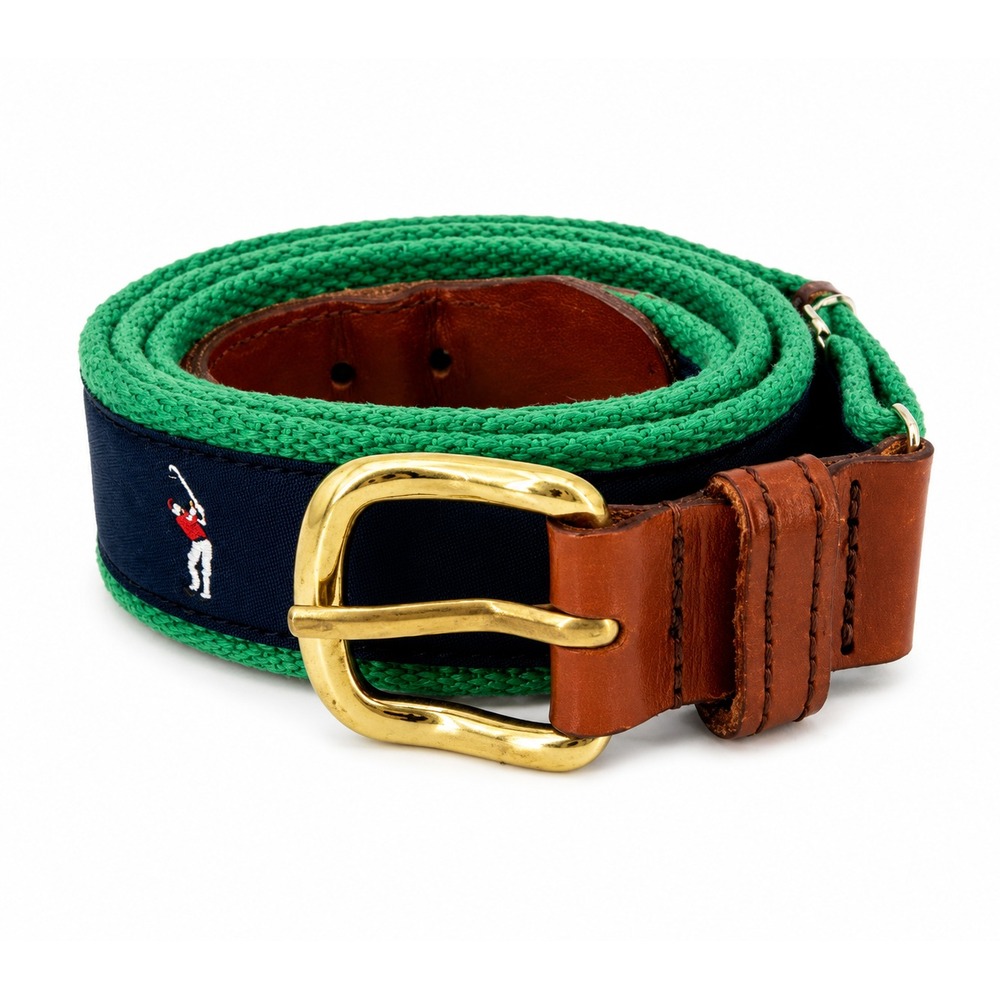 Pintail Men's Blue Canvas Embroidered Golfer Premium Leather Belt Size Medium